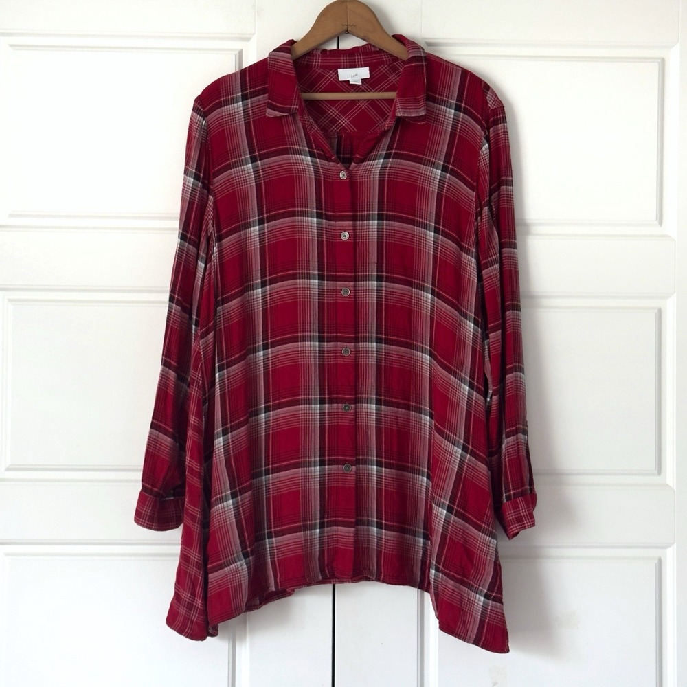 J Jill Plaid Button Up Shirt L PETITE Red Black Tunic Top Double Cloth Pockets
